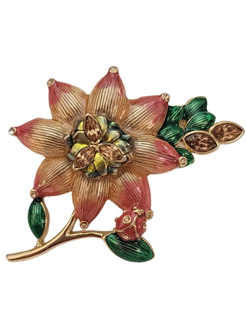 Monet Pink Green Enamel Rhinestone Stemmed Flower Brooch Pin, Signed K696